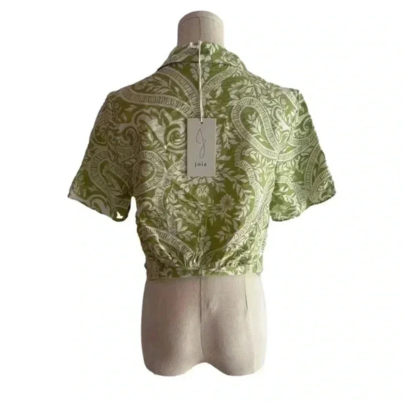 Joie Cropped Hawaiian Button Down Short Sleeve Tie Front Green Floral XS NWT - Picture 2 of 2